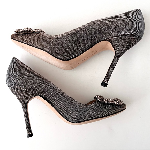 MANOLO BLAHNIK | Hangisi Dark Gold Glitter Fabric Jewel Buckle Pumps EU 37 US 7 - Picture 7 of 14